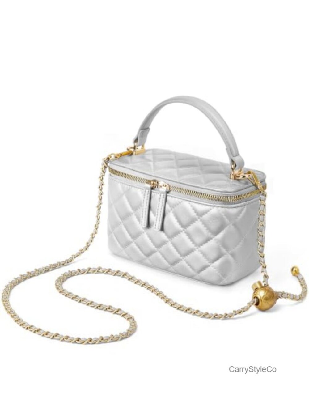 Vegan Leather Quilted Box Crossbody Purse Top Handle Chain Strap